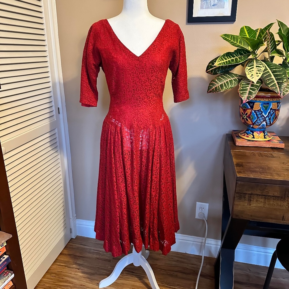 RARE Vintage 1960s Lydia Deetz Red Lace Dress!